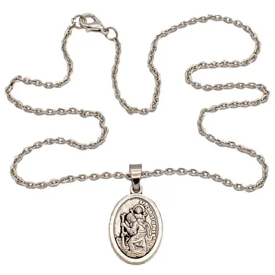 $7.99 • Buy Saint St Christopher Protect Us Oval Silver Medal Pendant Necklace 18  Chain