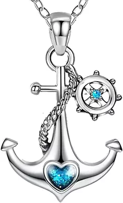 Anchor Pandent Necklace Sterling Silver Blue Ocean Heart With Rudder Ship Rope P • $51.47