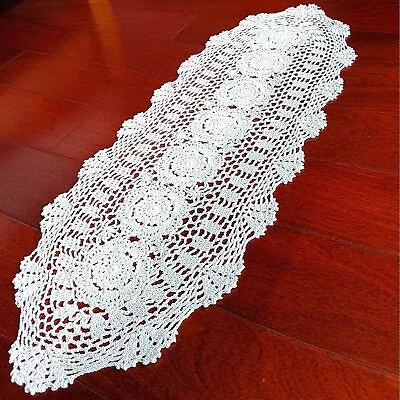 Vintage Hand Crochet Lace Table Runner Oval Dresser Scarf Doily Wedding Party • $16.19