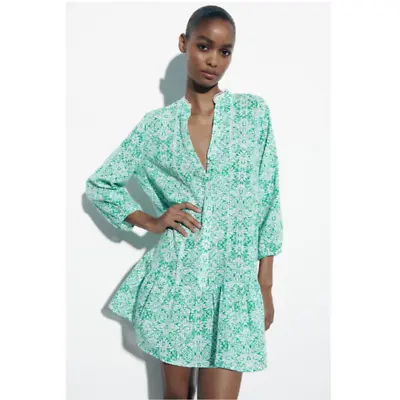 ZARA Floral Printed Flounced Hem Mini Tunic Dress Size XL Lace Trim Mint Green  • $59.87