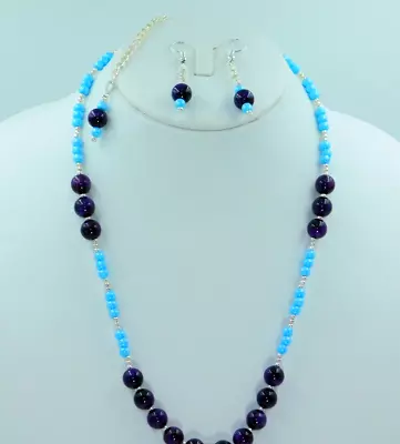 Mandala Jewelry Set Of Blue Coated Tiger's Eye & Pearls With Pair Of Earrings • $17.98