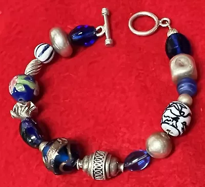 Vtg Sterling Silver Bead & BLUE Art Glass Beaded Bracelet Toggle Clasp 7 - 8  • $24.95