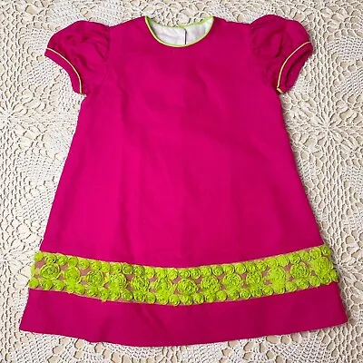 Mulberry Street Girls 3t Linen Bright Pink Green Floral Boutique Retro Dress • $23.99