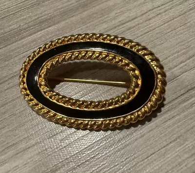 Vintage Monet Brooch Pin Black Gold Tone Oval Party Dress Enamel Wreath 80s Gear • $9.99