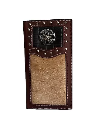 Men's Leather Wallet Western Cowboy Star Concho Hair Fur Long Bi-fold Brown • $28.50