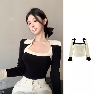 Autumn Women Korean Contrast Color Square Collar Long Sleeve Slim Knit Sweater • $18.12