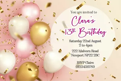 Personalised Birthday Party Invitations Pink Gold Confetti Balloons Any Age X 10 • £5.05