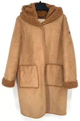 Michael Kors Women's L Faux Shearling Winter Tan Coat Hooded Button Down Pocket • $94.05