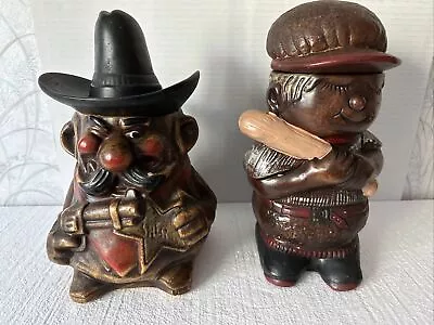 2 Vintage Cookie Jars Winking Sheriff And Boy With Bat • $30