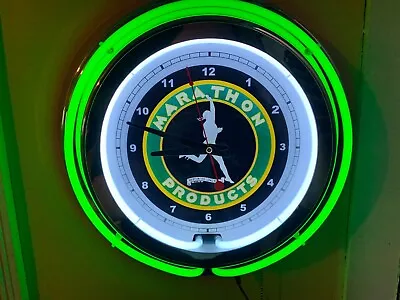 Marathon Oil Gas Service Station Garage Bar Man Cave GREEN Neon Wall Clock Sign • $169.99