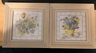 $23 • Buy Marjolein Bastin TWO Framed Print Wild Flowers Blue White Yellow 3D Butterfly