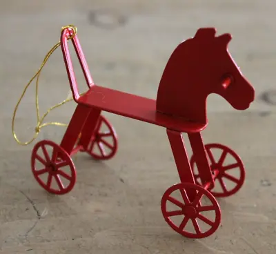 Vintage Red Metal Horse On Wheels Ornament Moves Rolls • $3