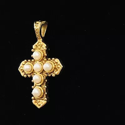 VTG Christian Cross Pearls Pendant Goldtone Dots Vatican Library Collection 1.1” • $27