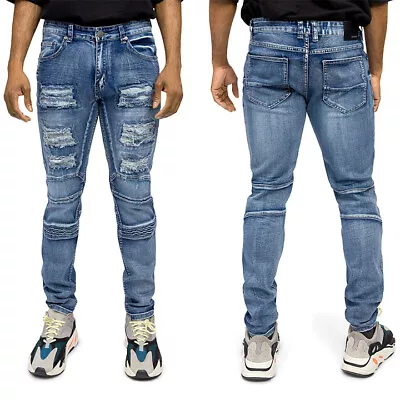 Victorious Men's Casual Distressed Threadbare Moto Biker Denim Jeans DL1360 • $37.95