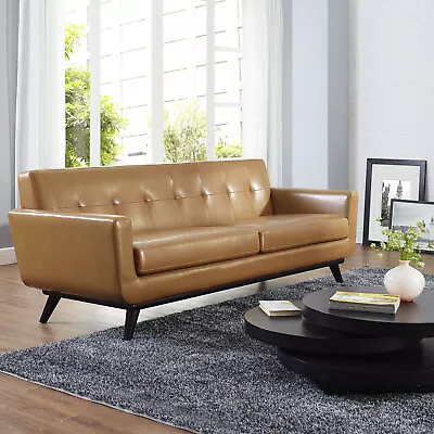 Modway Mid-Century Modern Upholstered Leather Living Room Furniture Sofa In Tan • $1193.05