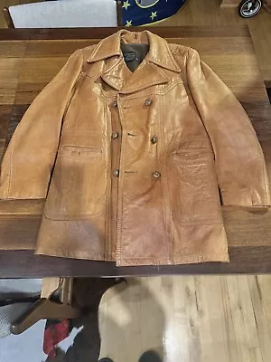 MENS SEARS VINTAGE Bronze BROWN LEATHER REMOVABLE LINER CAR COAT/JACKET SZ 38 • $60