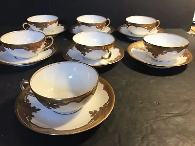 A Set Of 7 Antique Limoges Tea Cup And Saucer/ Raised Gilt/ 14 Pieces/ Hand Made • £190.03