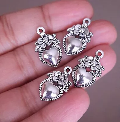 10×Love Heart Flower Charm Pendants Tibetan Silver Jewellery Making Findings • £3.49