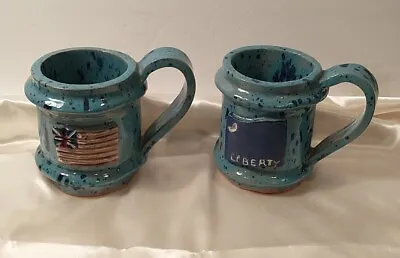 Set Of 2 Pottery Mugs LIBERTY & UNION JACK Blue & Turquoise Handmade Patriotic • £29.63
