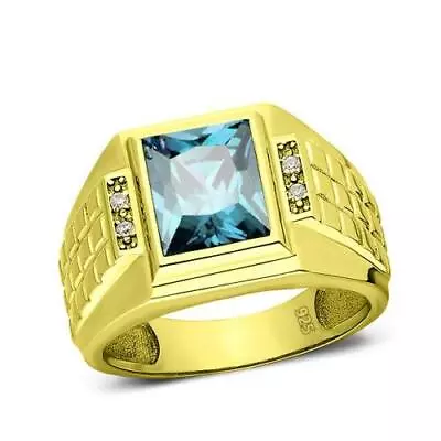 18K Gold Plated 925 Solid Silver Blue Topaz 4 Diamond Accents Artistic Mens Ring • $230