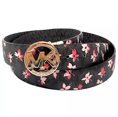 MICHAEL KORS Women's Twist Reversible FLORAL/CHOCOLATE Logo MK Belt Size M • $38