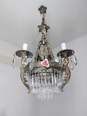 Antique Vintage Brass & Crystals French  Chandelier Ceiling Lamp Light • $488