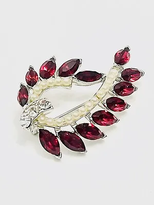 Vintage Silvertone Red Stones Geometric With Curling Stems Brooch Pin Faux Pearl • $22