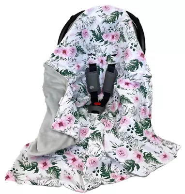 Baby Car Seat Blanket Reversible Wrap Double Sided 100x100 Grey/Garden Flowers • £19.99