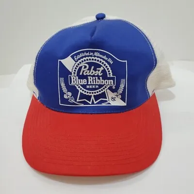 Pabst Blue Ribbon Hat Cap Snap Back Blue Red Beer Mesh Back Trucker Mens • $9.99