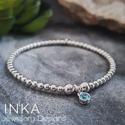 Inka 925 Sterling Silver Stretch Bracelet With March Aquamarine Birthstone Charm • £19