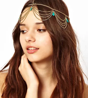 Gold Draping Head Chain Crown Hair Cuff Arabian Pendent Matha Patti Headpiece • $6.29