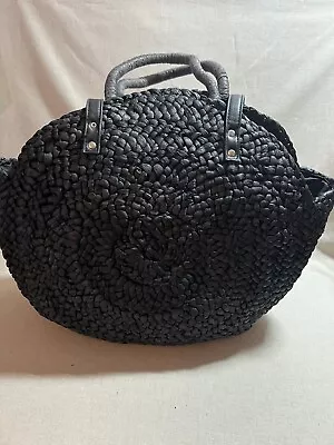 Mud Pie Black Raffia Round Tote With Top Handles And Leather Straps Beach Bag • $14.99