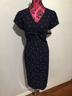 Veronika Maine 14 Dress By Cue Shift Navy Red Polka Dot V Neck Gathered Bust EUC • $65