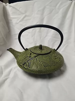 Vintage Oriental Tetsubin Green Heavy Cast Iron Bamboo Teapot Kettle  • $35