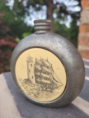 £9.50 • Buy English Pewter Sheffield 7oz Hip Flask, Central Insert Lighthouse & Galleon