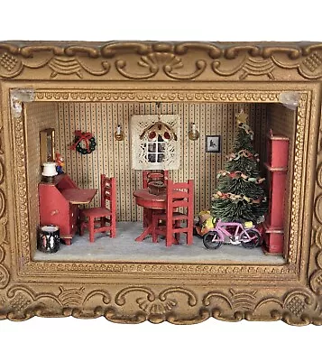 Christmas Shadow Box Diorama Room Wooden 3D Folk Art Vintage 1976 70s Handmade • $39.99