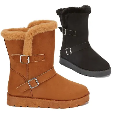 £19.95 • Buy Ladies Mid Calf Snow Boots Women Buckle Fur Lined Flatform Snug Hug Winter Shoes
