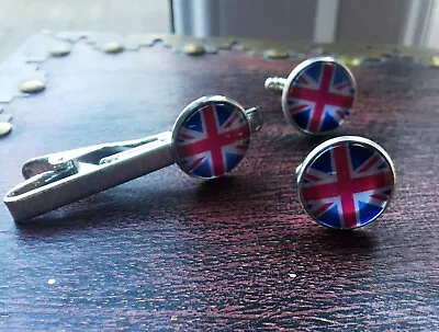 Silver Tone Metal Pair Cufflinks Or Tie Pin With Union Jack Flag Colours • £3.59