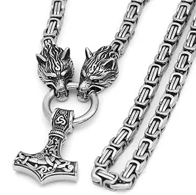 Stainless Steel Mechanical Kings Chain Wolf Head Viking Thor Mjolnir Necklace • $28