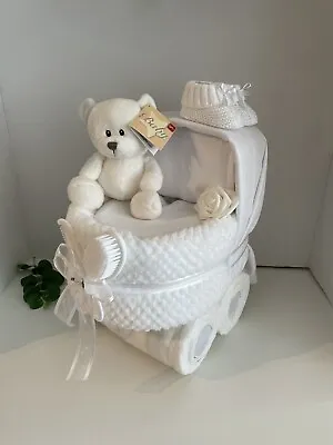 White Nappy Cake Pram Baby Gift Hamper Baby Shower Gift Unisex Baby Gift • £49.99