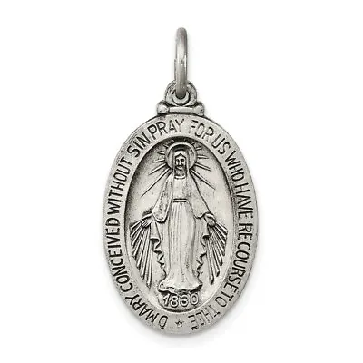 Sterling Silver Antiqued Finish Oval Miraculous Mary Medal Pendant 1.1 Inch • $29.70