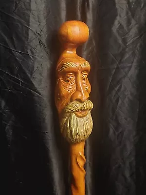 UNIQUE VINTAGE 36.5  Wood Carved Santa Face With Carved Owl Walking Stick Cane • $129.95