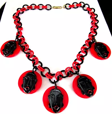 Unusual Tribal Face Black & Red Lucite Vintage Neklace • $149.99