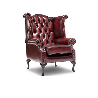 Genuine Leather Chesterfield Queen Anne In Antique Oxblood Red W Hardwood Legs • £699