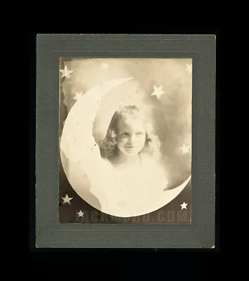 Antique Cabinet Photo Cute ID'd Girl - Wonderful Moon And Stars Graphic • $325