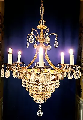 Antique Vintage French Basket Empire 6 Arm 9L Spanish Brass Crystal Chandelier • $850