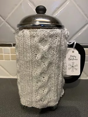 Hand Knitted White Sparkle Christmas Cafetiere Cosy With Cute Snowflake Buttons • £5.49