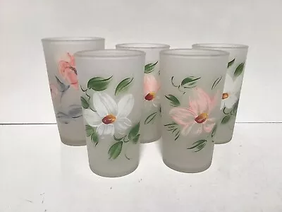 Vintage HAZEL ATLAS GLASSESFrosted Cherry BlossomsSet Of 5 Midcentury • $35