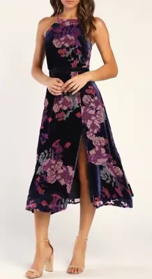 NEW Lulus Endearing Navy Blue Purple Floral Print Velvet Burnout Midi Dress Sz M • $48.99