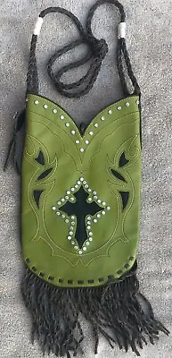 Montana Silversmith Bling Cowgirl Leather Cowboy Boot Cross Purse Fringe Green • $31